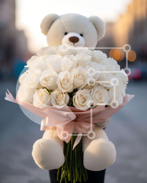 Intra Συλλεκτικό Ξύλινο Παζλ Plywood  4mm - Άτομο που κρατά ένα μπουκέτο από λευκά τριαντάφυλλα με ένα αρκουδάκι σε σχήμα αρκούδας Σε Ξύλινο Κουτί - Διαστάσεις Puzzle: 10x10 cm – 25 κομμάτια