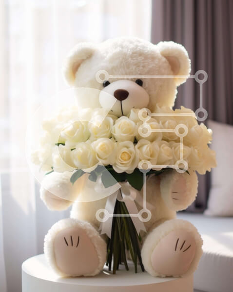 Intra Συλλεκτικό Ξύλινο Παζλ Plywood  4mm - Μεγάλο λευκό αρκουδάκι που κρατά λευκά τριαντάφυλλα Σε Ξύλινο Κουτί - Διαστάσεις Puzzle: 10x10 cm – 25 κομμάτια