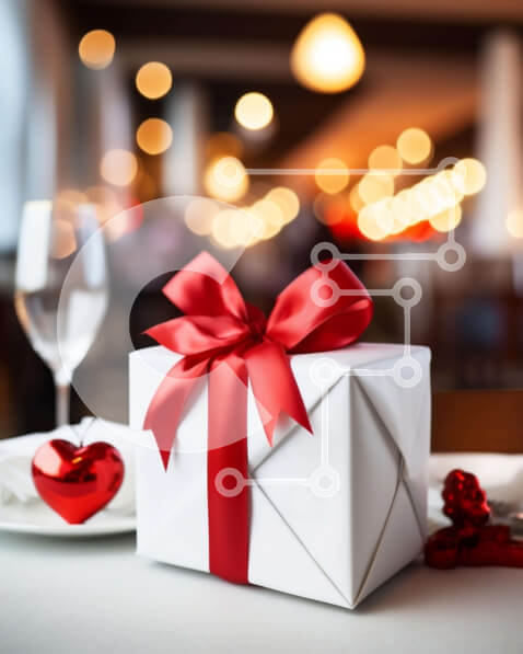 Intra Συλλεκτικό Ξύλινο Παζλ Plywood  4mm - Κουτί δώρου με κόκκινη κορδέλα στο τραπέζι με ποτήρια κρασιού Σε Ξύλινο Κουτί - Διαστάσεις: 10x10 cm – 25 κομμάτια