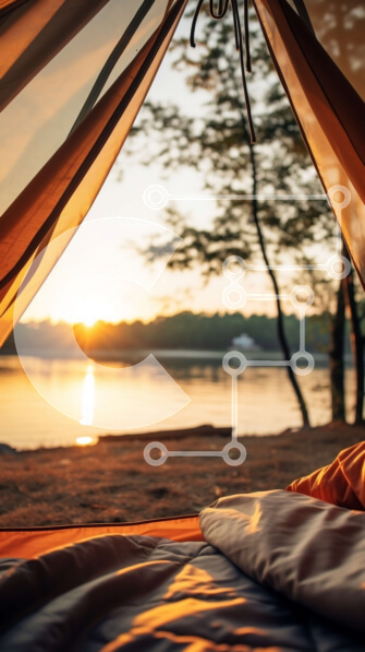 Σετ των 2 Intra Συλλεκτικό Ξύλινο Παζλ Plywood  4mm - Σκηνή Κάμπινγκ δίπλα στο νερό στο ηλιοβασίλεμα Σε Ξύλινο Κουτί - Διαστάσεις: 10x10 cm – 25 κομμάτια