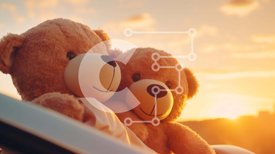 Intra Συλλεκτικό Ξύλινο Παζλ Plywood  4mm - Teddy Bears αγκαλιάζονται στο πίσω κάθισμα ενός αυτοκινήτου στο ηλιοβασίλεμα Σε Ξύλινο Κουτί - Διαστάσεις Puzzle: 10x10 cm – 25 κομμάτια