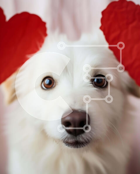 Σετ των 2 Intra Συλλεκτικό Ξύλινο Παζλ Plywood  4mm - Λευκός σκύλος που γιορτάζει την Ημέρα του Αγίου Βαλεντίνου με χάρτινα αυτιά σε σχήμα καρδιάς Σε Ξύλινο Κουτί - Διαστάσεις: 10x10 cm – 25 κομμάτια