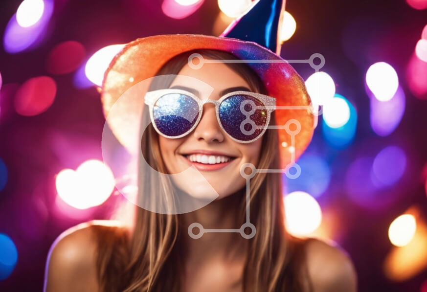 Intra Συλλεκτικό Ξύλινο Παζλ Plywood  4mm - Χαμογελαστή γυναίκα με ενδυμασία πάρτι με καπέλο κουκουβάγιας και γυαλιά ηλίου Σε Ξύλινο Κουτί - Διαστάσεις Puzzle: 10x10 cm – 25 κομμάτια