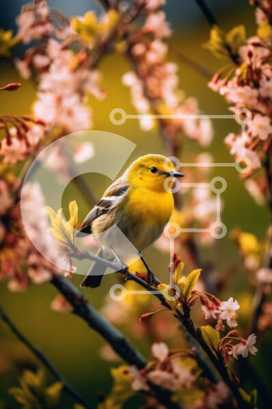 Σετ των 2 Intra Συλλεκτικό Ξύλινο Παζλ Plywood  4mm - Όμορφη εικόνα μικρού κίτρινου πουλιού σκαρφαλωμένο σε κλαδί με ροζ λουλούδια Σε Ξύλινο Κουτί - Διαστάσεις: 10x10 cm – 25 κομμάτια