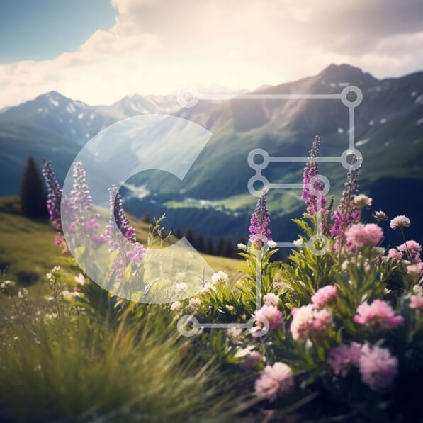 Intra Συλλεκτικό Ξύλινο Παζλ Plywood  4mm - Γραφική εικόνα ενός ορεινού τοπίου με αγριολούλουδα και χιονισμένα βουνά Σε Ξύλινο Κουτί - Διαστάσεις: 10x10 cm – 25 κομμάτια