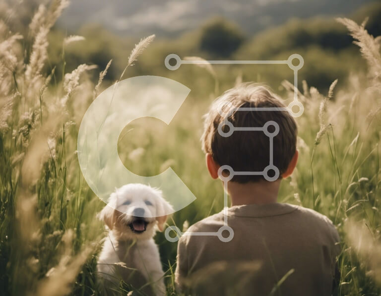 Intra Συλλεκτικό Ξύλινο Παζλ Plywood  4mm - Νεαρό αγόρι με ένα σκυλί σε ένα χωράφι Σε Ξύλινο Κουτί - Διαστάσεις: 10x10 cm – 25 κομμάτια