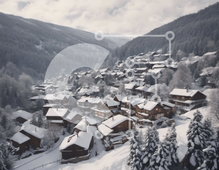 Intra Συλλεκτικό Ξύλινο Παζλ Plywood  4mm - Εναέρια άποψη του χιονισμένου ορεινού χωριού Σε Ξύλινο Κουτί - Διαστάσεις: 10x10 cm – 25 κομμάτια