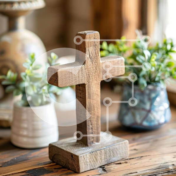 Intra Συλλεκτικό Ξύλινο Παζλ Plywood  4mm - Ξύλινος σταυρός στο τραπέζι με φυτά σε γλάστρες και βάζα Σε Ξύλινο Κουτί - Διαστάσεις Puzzle: 10x10 cm – 25 κομμάτια