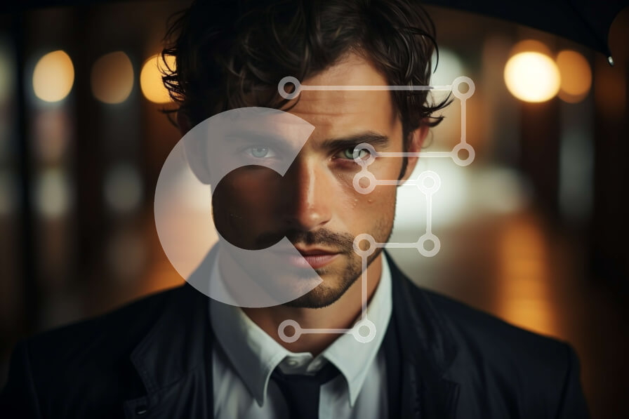 Intra Συλλεκτικό Ξύλινο Παζλ Plywood  4mm - Κομψός άνδρας με ομπρέλα μπροστά από αμυδρά φωτισμένο φόντο Σε Ξύλινο Κουτί - Διαστάσεις Puzzle: 10x10 cm – 25 κομμάτια