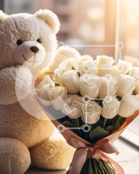 Intra Συλλεκτικό Ξύλινο Παζλ Plywood  4mm - Λευκό αρκουδάκι με τριαντάφυλλα στο τραπέζι Σε Ξύλινο Κουτί - Διαστάσεις Puzzle: 10x10 cm – 25 κομμάτια