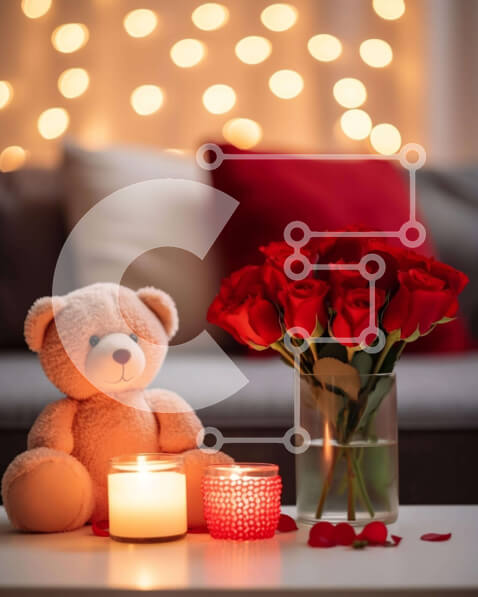 Intra Συλλεκτικό Ξύλινο Παζλ Plywood  4mm - Αρκουδάκι με κόκκινα τριαντάφυλλα και κεριά στο τραπεζάκι σαλονιού Σε Ξύλινο Κουτί - Διαστάσεις Puzzle: 10x10 cm – 25 κομμάτια