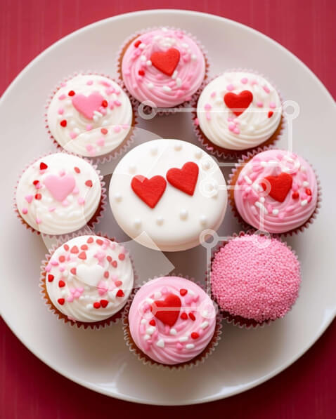 Σετ των 2 Intra Συλλεκτικό Ξύλινο Παζλ Plywood  4mm - Cupcakes για την ημέρα του Αγίου Βαλεντίνου με διακοσμητικά καρδιά σε λευκό πιάτο Σε Ξύλινο Κουτί - Διαστάσεις: 10x10 cm – 25 κομμάτια