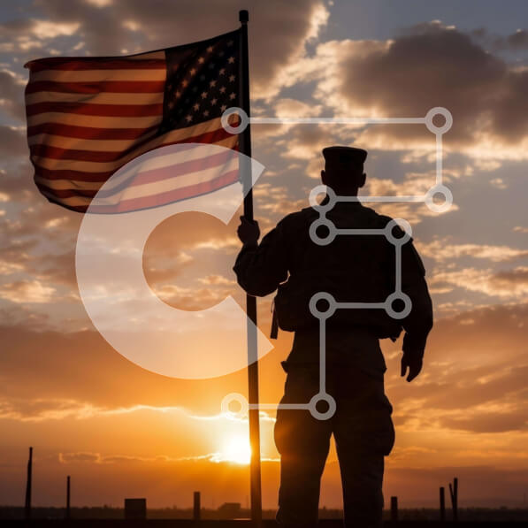 Intra Συλλεκτικό Ξύλινο Παζλ Plywood  4mm - Στρατιώτης με αμερικανική σημαία ενάντια στο ηλιοβασίλεμα Σε Ξύλινο Κουτί - Διαστάσεις Puzzle: 10x10 cm – 25 κομμάτια