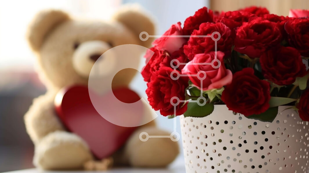 Intra Συλλεκτικό Ξύλινο Παζλ Plywood  4mm - Αρκουδάκι με κόκκινα τριαντάφυλλα και στολίδια για την ημέρα του Αγίου Βαλεντίνου Σε Ξύλινο Κουτί - Διαστάσεις: 10x10 cm – 25 κομμάτια