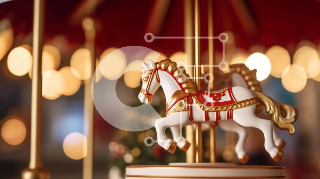 Intra Συλλεκτικό Ξύλινο Παζλ Plywood  4mm - Άλογο καρουζέλ λευκό και χρυσό με εορταστικό φωτισμένο φόντο Σε Ξύλινο Κουτί - Διαστάσεις: 10x10 cm – 25 κομμάτια