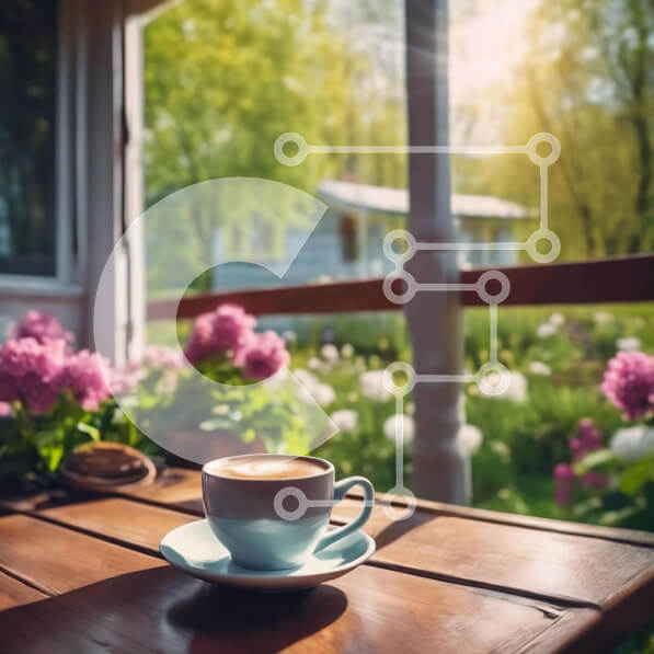 Σετ των 2 Intra Συλλεκτικό Ξύλινο Παζλ Plywood  4mm - Φλιτζάνι καφέ σε εξωτερικό ξύλινο τραπέζι με λουλούδια στο φόντο Σε Ξύλινο Κουτί - Διαστάσεις: 10x10 cm – 25 κομμάτια