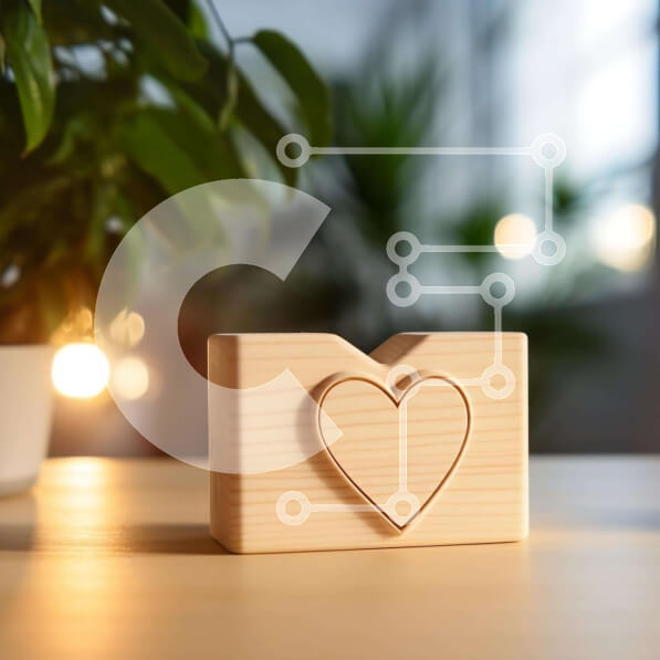 Intra Συλλεκτικό Ξύλινο Παζλ Plywood  4mm - Ξύλινο κουτί σε σχήμα καρδιάς και φυτό σε γλάστρα στο τραπέζι με φωτάκια Σε Ξύλινο Κουτί - Διαστάσεις Puzzle: 10x10 cm – 25 κομμάτια