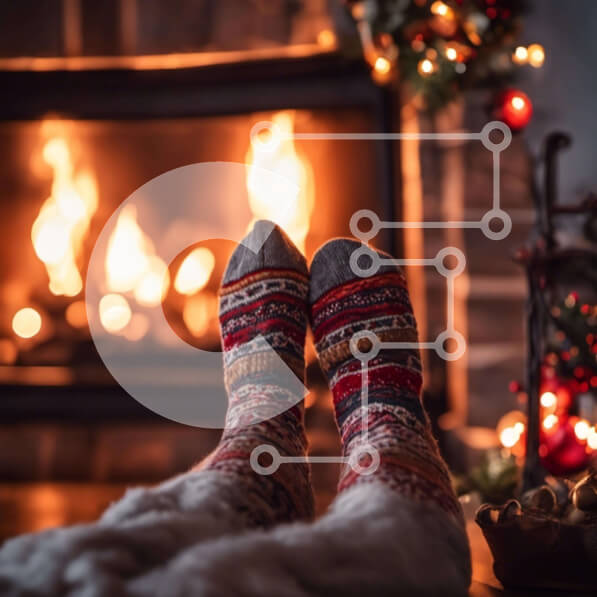 Intra Συλλεκτικό Ξύλινο Παζλ Plywood  4mm - Πόδια δίπλα στο Χριστουγεννιάτικο Τζάκι Σε Ξύλινο Κουτί - Διαστάσεις Puzzle: 10x10 cm – 25 κομμάτια