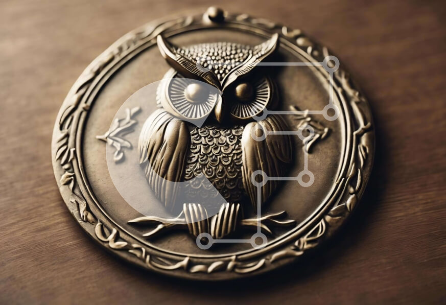 Intra Συλλεκτικό Ξύλινο Παζλ Plywood  4mm - Μεταλλικό μενταγιόν σε σχήμα κουκουβάγιας σε ξύλινη επιφάνεια Σε Ξύλινο Κουτί - Διαστάσεις: 10x10 cm – 25 κομμάτια