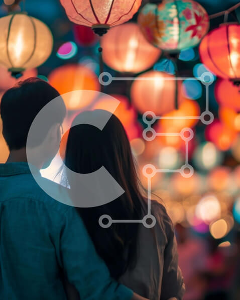 Intra Συλλεκτικό Ξύλινο Παζλ Plywood  4mm - Ρομαντικό ζευγάρι αγκαλιάζεται κάτω από πολύχρωμα χάρτινα φανάρια Σε Ξύλινο Κουτί - Διαστάσεις Puzzle: 10x10 cm – 25 κομμάτια