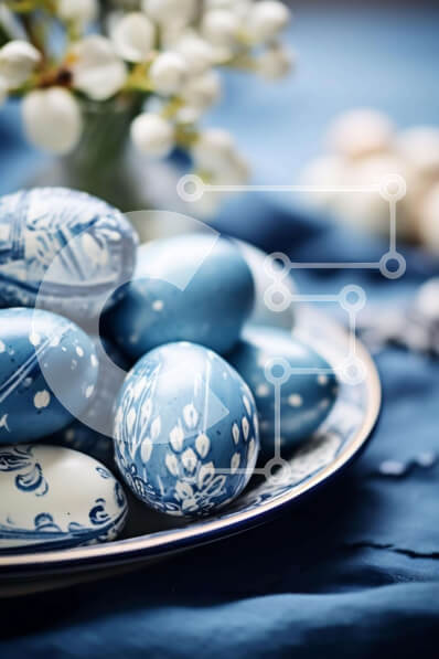 Intra Συλλεκτικό Ξύλινο Παζλ Plywood  4mm - Μπλε και άσπρα διακοσμημένα Πασχαλινά αυγά σε κομψό τραπεζομάντιλο Σε Ξύλινο Κουτί - Διαστάσεις: 10x10 cm – 25 κομμάτια