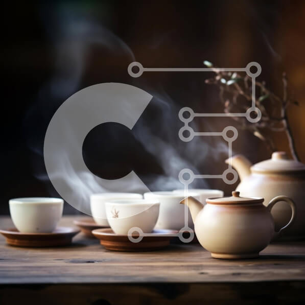 Σετ των 2 Intra Συλλεκτικό Ξύλινο Παζλ Plywood  4mm - Ώρα για τσάι με φλιτζάνια, τσαγιέρες και πιατάκια σε ένα ξύλινο τραπέζι Σε Ξύλινο Κουτί - Διαστάσεις: 10x10 cm – 25 κομμάτια