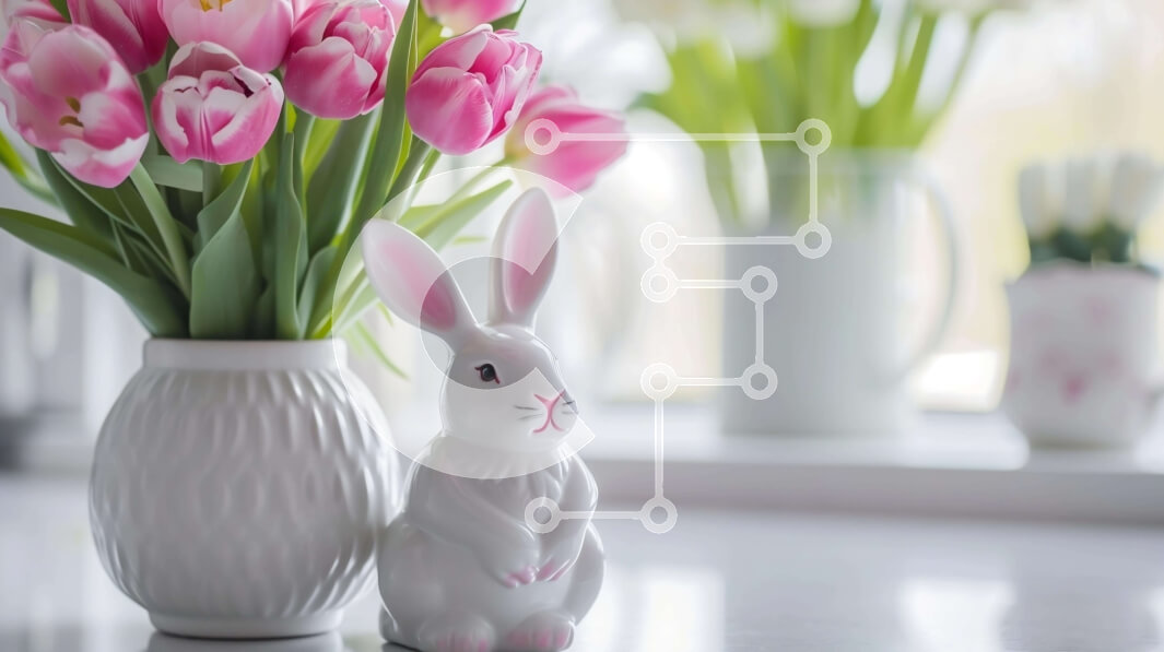 Intra Συλλεκτικό Ξύλινο Παζλ Plywood  4mm - Λευκό κουνελάκι με ροζ βάζα τουλίπας και λουλούδια Σε Ξύλινο Κουτί - Διαστάσεις: 10x10 cm – 25 κομμάτια