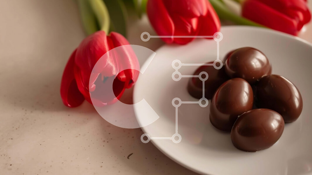 Σετ των 2 Intra Συλλεκτικό Ξύλινο Παζλ Plywood  4mm - Πιάτο με καραμέλες σοκολάτας και κόκκινες τουλίπες Σε Ξύλινο Κουτί - Διαστάσεις: 10x10 cm – 25 κομμάτια