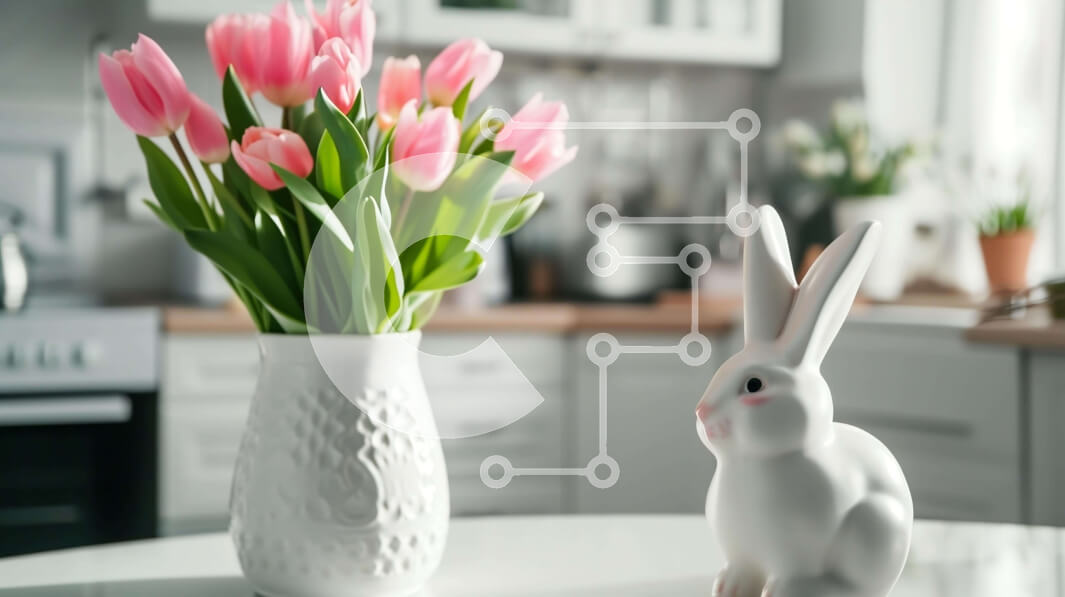 Intra Συλλεκτικό Ξύλινο Παζλ Plywood  4mm - Λευκό κουνέλι και ροζ τουλίπες στο τραπέζι της κουζίνας Σε Ξύλινο Κουτί - Διαστάσεις: 10x10 cm – 25 κομμάτια