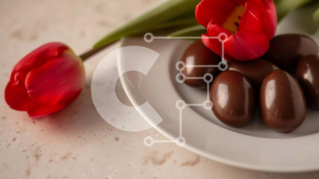 Σετ των 2 Intra Συλλεκτικό Ξύλινο Παζλ Plywood  4mm - Πιάτο καραμέλες σοκολάτας με κόκκινες τουλίπες Σε Ξύλινο Κουτί - Διαστάσεις: 10x10 cm – 25 κομμάτια