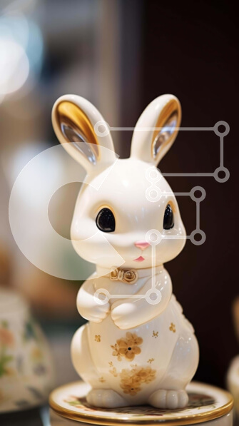 Intra Συλλεκτικό Ξύλινο Παζλ Plywood  4mm - Λευκό κεραμικό ειδώλιο λαγουδάκι σε διακοσμητικό δίσκο με ρολόγια Σε Ξύλινο Κουτί - Διαστάσεις: 10x10 cm – 25 κομμάτια