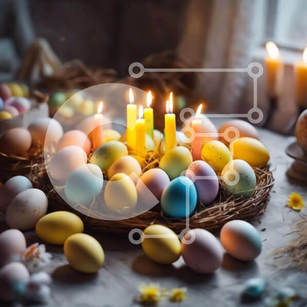 Intra Συλλεκτικό Ξύλινο Παζλ Plywood  4mm - Πολύχρωμα Πασχαλινά αυγά και διακοσμήσεις σε ένα τραπέζι Σε Ξύλινο Κουτί - Διαστάσεις: 10x10 cm – 25 κομμάτια