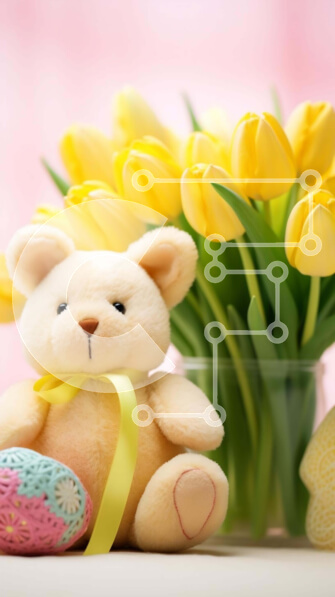 Intra Συλλεκτικό Ξύλινο Παζλ Plywood  4mm - Πασχαλινή γιορτή με αρκουδάκι, κίτρινες τουλίπες και διακοσμητικά αντικείμενα Σε Ξύλινο Κουτί - Διαστάσεις Puzzle: 10x10 cm – 25 κομμάτια