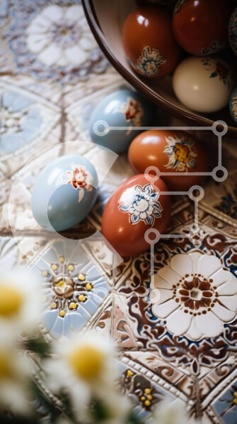 Intra Συλλεκτικό Ξύλινο Παζλ Plywood  4mm - Πολύχρωμα Πασχαλινά αυγά και λουλούδια σε ένα τραπέζι με πλακάκια Σε Ξύλινο Κουτί - Διαστάσεις: 10x10 cm – 25 κομμάτια