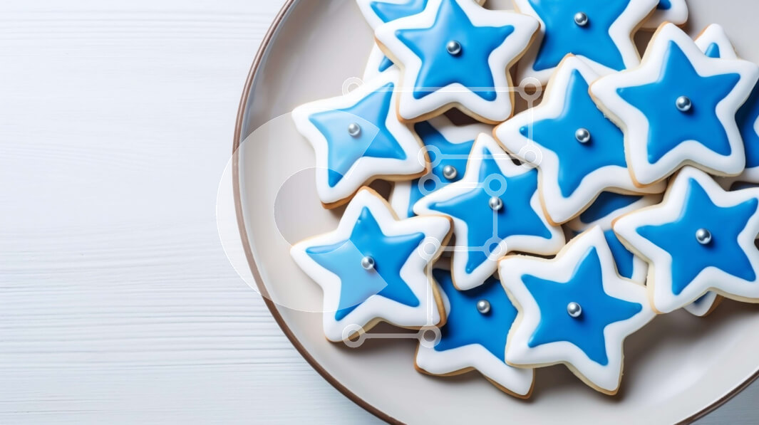 Σετ των 2 Intra Συλλεκτικό Ξύλινο Παζλ Plywood  4mm - Μπλε και άσπρα μπισκότα σε σχήμα αστεριού στο πιάτο Σε Ξύλινο Κουτί - Διαστάσεις: 10x10 cm – 25 κομμάτια