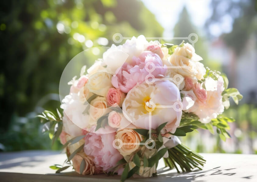 Intra Συλλεκτικό Ξύλινο Παζλ Plywood  4mm - Μπουκέτο με λευκά, ροζ και ροδακινί λουλούδια σε τραπέζι εξωτερικού χώρου Σε Ξύλινο Κουτί - Διαστάσεις: 10x10 cm – 25 κομμάτια