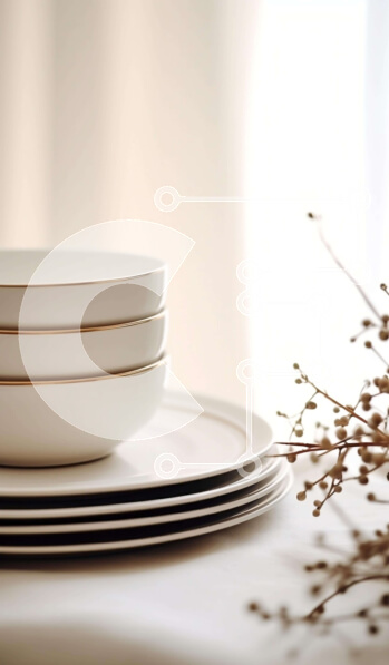 Intra Συλλεκτικό Ξύλινο Παζλ Plywood  4mm - Στοίβα από λευκά πιάτα και μπολ με αποξηραμένα λουλούδια Σε Ξύλινο Κουτί - Διαστάσεις Puzzle: 10x10 cm – 25 κομμάτια