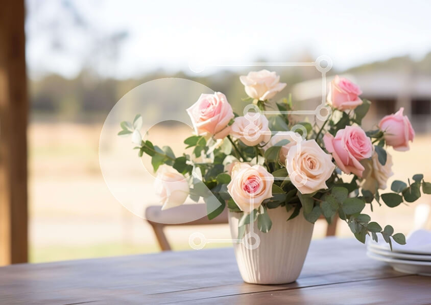 Intra Συλλεκτικό Ξύλινο Παζλ Plywood  4mm - Εξωτερική τραπεζαρία με ροζ τριαντάφυλλα σε λευκό βάζο Σε Ξύλινο Κουτί - Διαστάσεις: 10x10 cm – 25 κομμάτια