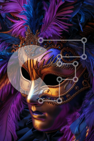 Intra Συλλεκτικό Ξύλινο Παζλ Plywood  4mm - Μάσκα βενετσιάνικης αποκριάτικης μεταμφίεσης σε μωβ, μπλε και χρυσό με φτερά Σε Ξύλινο Κουτί - Διαστάσεις Puzzle: 10x10 cm – 25 κομμάτια