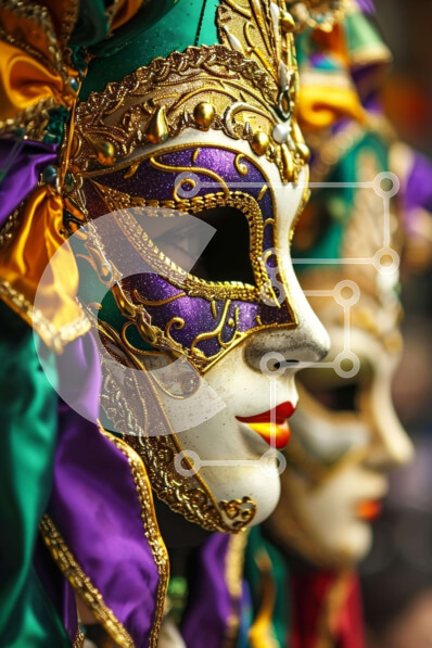 Intra Συλλεκτικό Ξύλινο Παζλ Plywood  4mm - Πολύχρωμες αποκριάτικες μάσκες σε μωβ και πράσινο χρώμα Σε Ξύλινο Κουτί - Διαστάσεις Puzzle: 10x10 cm – 25 κομμάτια