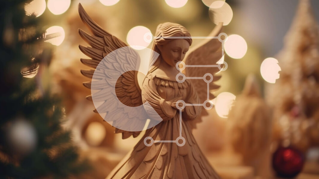 Intra Συλλεκτικό Ξύλινο Παζλ Plywood  4mm - Ξύλινο άγαλμα αγγέλου με χριστουγεννιάτικα δέντρα και διακοσμήσεις Σε Ξύλινο Κουτί - Διαστάσεις: 10x10 cm – 25 κομμάτια