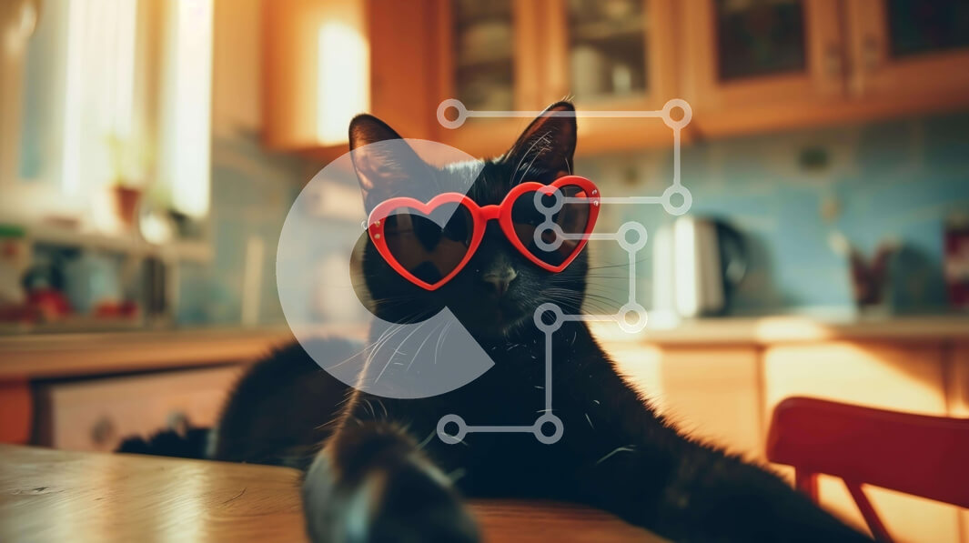 Σετ των 2 Intra Συλλεκτικό Ξύλινο Παζλ Plywood  4mm - Μαύρη γάτα με κόκκινα γυαλιά ηλίου σε σχήμα καρδιάς στο τραπέζι της κουζίνας Σε Ξύλινο Κουτί - Διαστάσεις: 10x10 cm – 25 κομμάτια