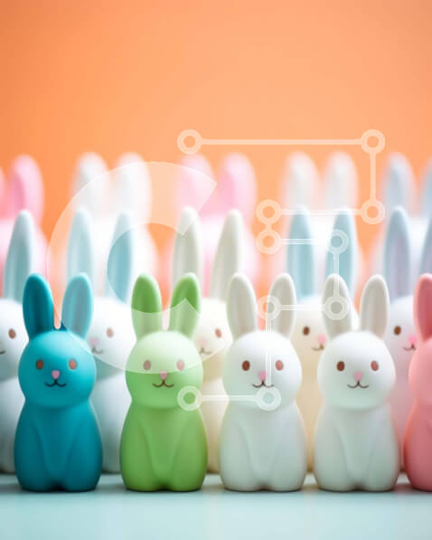 Intra Συλλεκτικό Ξύλινο Παζλ Plywood  4mm - Ομάδα πολύχρωμων ειδωλίων λαγουδάκι σε πορτοκαλί φόντο Σε Ξύλινο Κουτί - Διαστάσεις: 10x10 cm – 25 κομμάτια