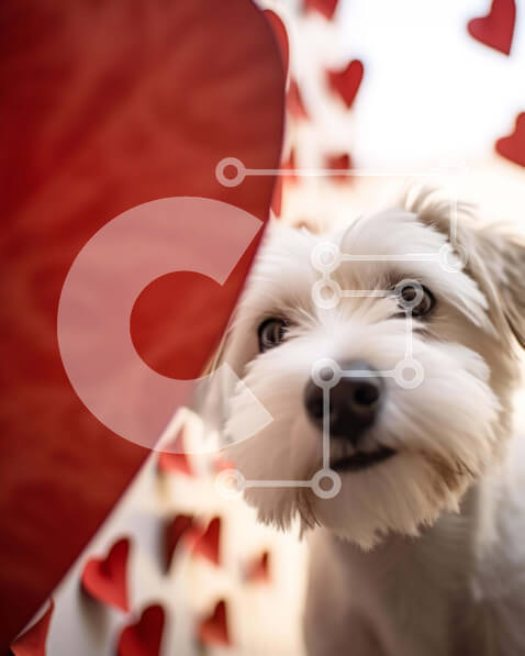 Intra Συλλεκτικό Ξύλινο Παζλ Plywood  4mm - Περίεργος σκύλος που περιβάλλεται από διακοσμήσεις καρδιάς Σε Ξύλινο Κουτί - Διαστάσεις Puzzle: 10x10 cm – 25 κομμάτια