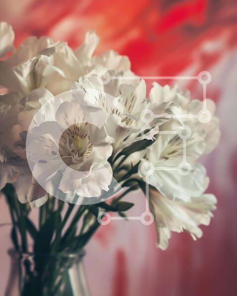 Intra Συλλεκτικό Ξύλινο Παζλ Plywood  4mm - Βάζο με λευκά λουλούδια σε αφηρημένο κόκκινο και πορτοκαλί φόντο Σε Ξύλινο Κουτί - Διαστάσεις Puzzle: 10x10 cm – 25 κομμάτια