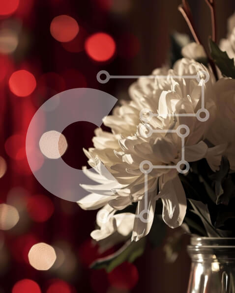 Intra Συλλεκτικό Ξύλινο Παζλ Plywood  4mm - Λευκά λουλούδια σε γυάλινο βάζο με φόντο κόκκινο και πράσινο Bokeh Σε Ξύλινο Κουτί - Διαστάσεις Puzzle: 10x10 cm – 25 κομμάτια