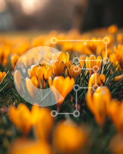 Intra Συλλεκτικό Ξύλινο Παζλ Plywood  4mm - Πεδίο με ανθισμένα λουλούδια κρόκου στο γρασίδι Σε Ξύλινο Κουτί - Διαστάσεις: 10x10 cm – 25 κομμάτια