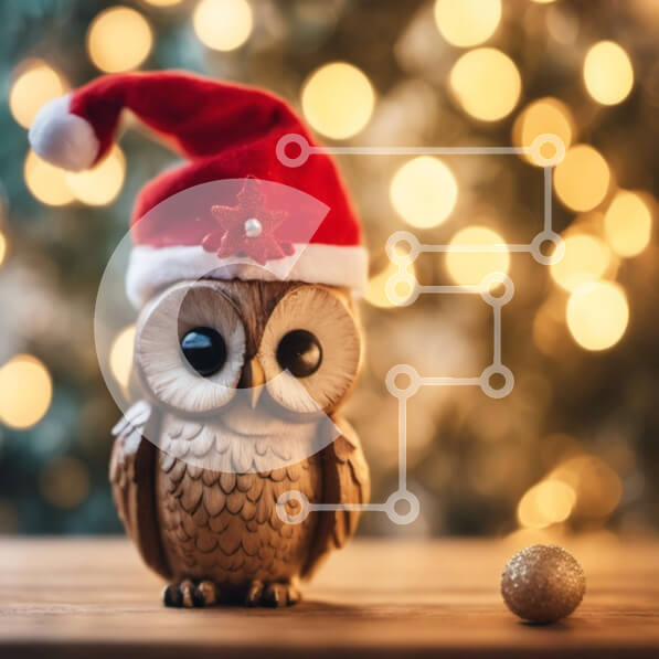 Intra Συλλεκτικό Ξύλινο Παζλ Plywood  4mm - Ειδώλιο κουκουβάγιας με καπέλο Άγιου Βασίλη σε ξύλινο τραπέζι Σε Ξύλινο Κουτί - Διαστάσεις Puzzle: 10x10 cm – 25 κομμάτια