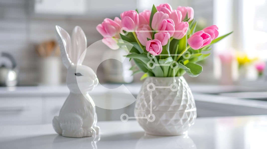 Intra Συλλεκτικό Ξύλινο Παζλ Plywood  4mm - Ροζ τουλίπες σε λευκό βάζο με λαγουδάκι κουνέλι Σε Ξύλινο Κουτί - Διαστάσεις: 10x10 cm – 25 κομμάτια