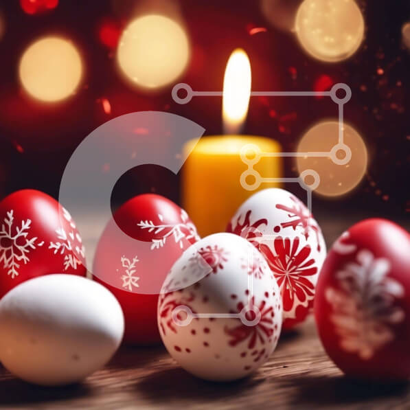 Intra Συλλεκτικό Ξύλινο Παζλ Plywood  4mm - Κόκκινα και άσπρα πασχαλινά αυγά με στολίδια από νιφάδες χιονιού Σε Ξύλινο Κουτί - Διαστάσεις: 10x10 cm – 25 κομμάτια